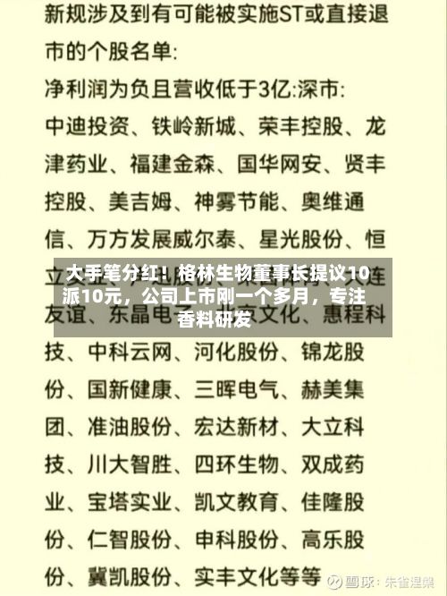 大手笔分红！格林生物董事长提议10派10元，公司上市刚一个多月	，专注香料研发-第2张图片