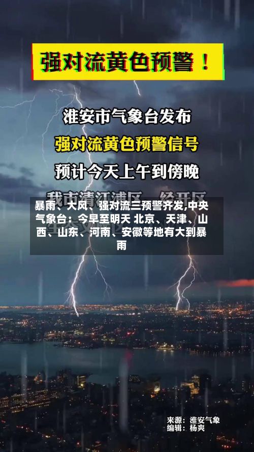 暴雨、大风、强对流三预警齐发,中央气象台：今早至明天 北京、天津、山西、山东、河南、安徽等地有大到暴雨