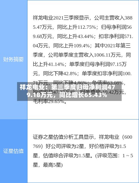 祥龙电业：第三季度归母净利润479.18万元，同比增长65.43%